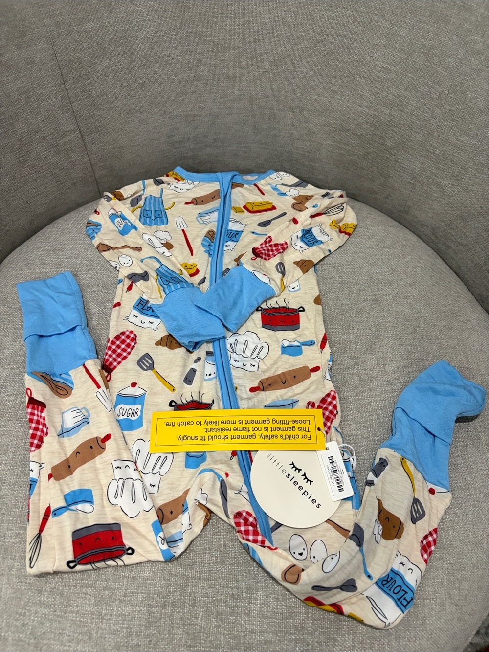Blue Trim Kids One-Piece Pajamas with Kitchen Print
